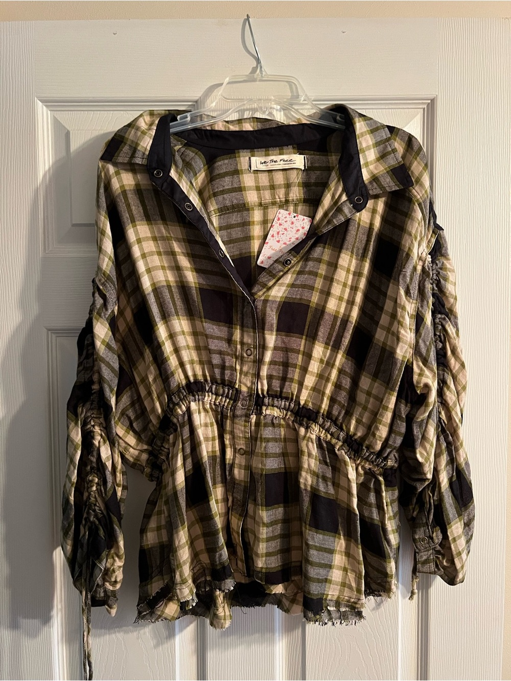 We The Free Plaid Button-Front Peplum Shirt Jacket in Olive and Black